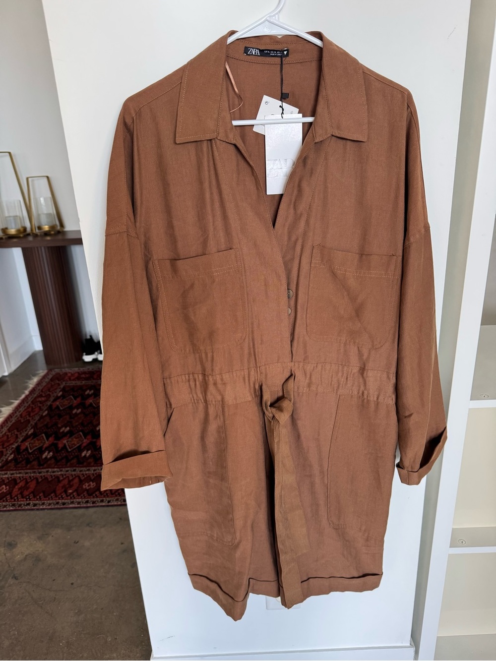 Zara Flowy Short Brown Jumpsuit Tie Waist Romper XL New With Tags